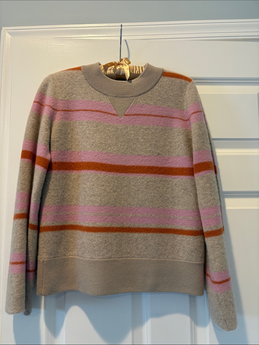 Maeve Anthropologie Beige Crewneck with Pink & Rust Stripes